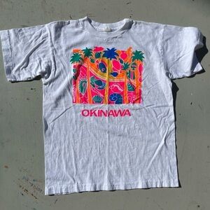 Women's Vintage Okinawa Japan T-Shirt White Spell-Out XL Single Stitch 90s Asia